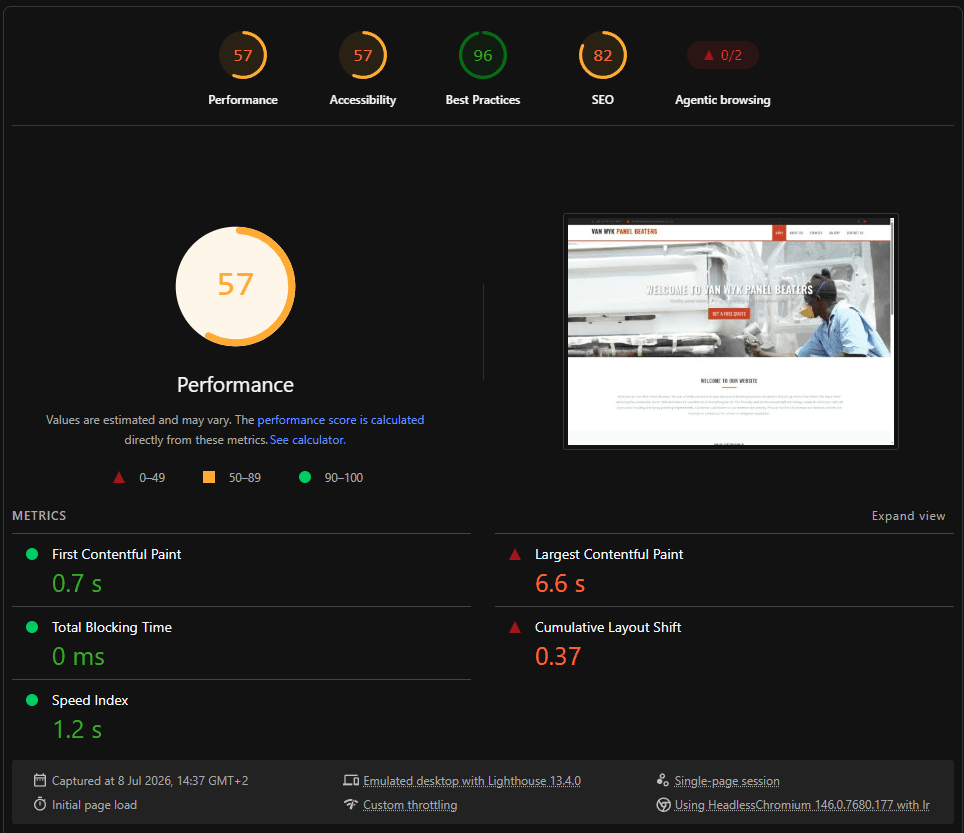 Lighthouse report for the legacy site: 57 performance, 57 accessibility, 96 best practices, 82 SEO, with a 6.6 second largest contentful paint